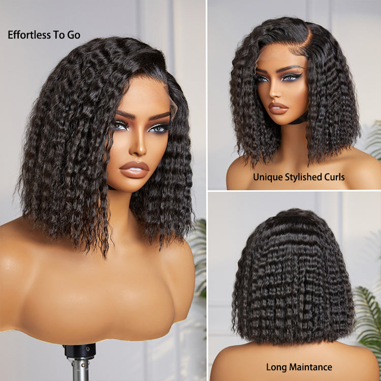 Luvme Boho-Chic Super Bob Bohemian curly lace wig with C-part, short, natural human hair, glueless minimalist HD lace design.