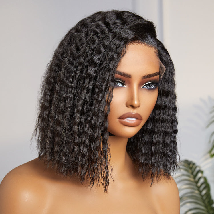 Luvme Boho-Chic Super Bob bohemian curly lace wig with C-part, short length, human hair, glueless minimalistic design.
