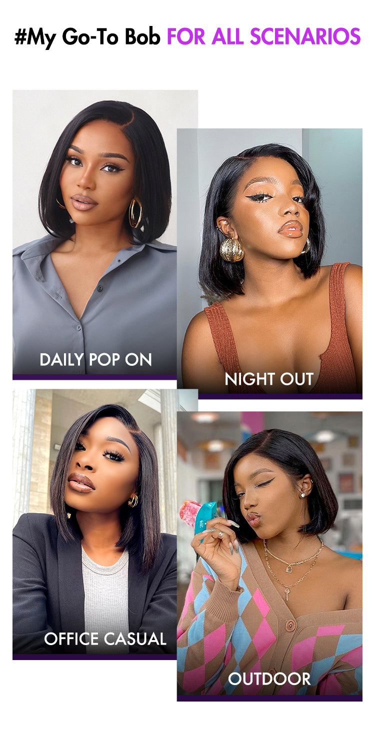 VIP ONLY | Super Natural C Part Natural Black / Blonde Highlight Glueless Lace Bob Wig 100% Human Hair | Fits All Face Shapes-15