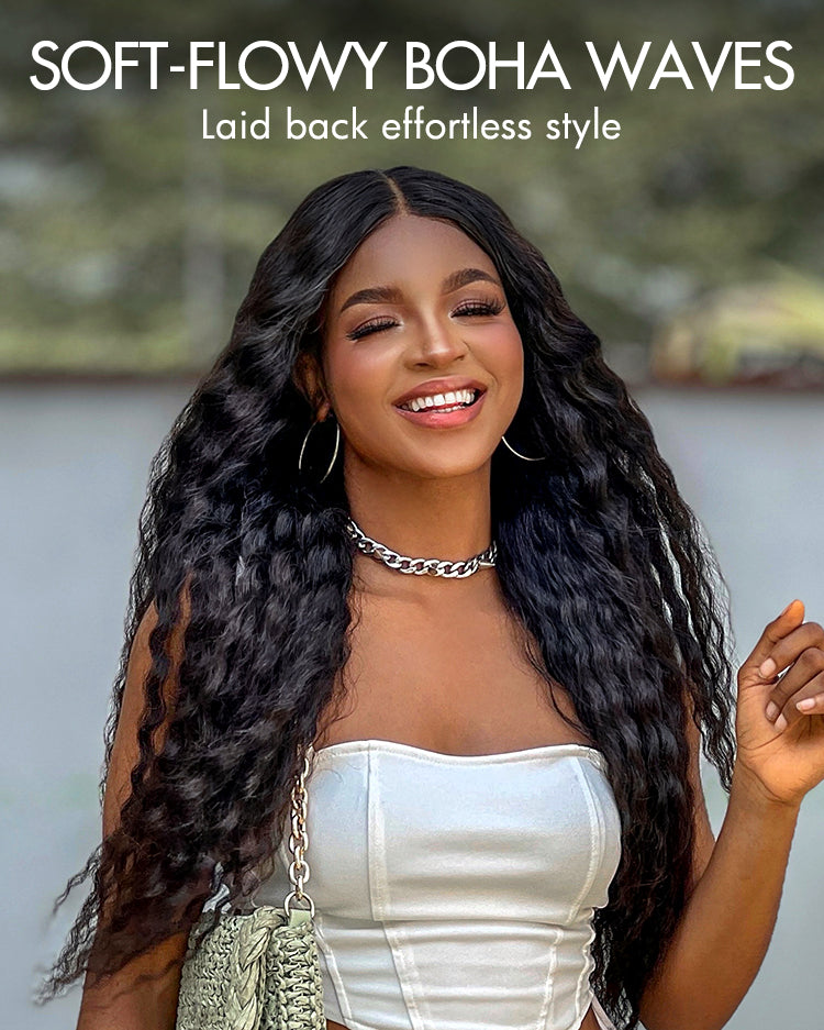 Boho-Chic | Flowy Bohemian 5x5 Closure Lace Glueless Mid Part Long Curly Wig 100% Human Hair - US Only-01