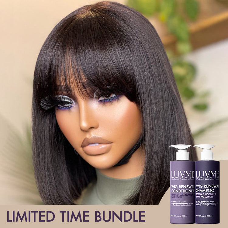 WIG RENEWAL SYSTEM | Put On and Go Realistic Glueless Yaki Straight Bob with Bangs Minimalist Lace Wig 100% Human Hair | US ONLY