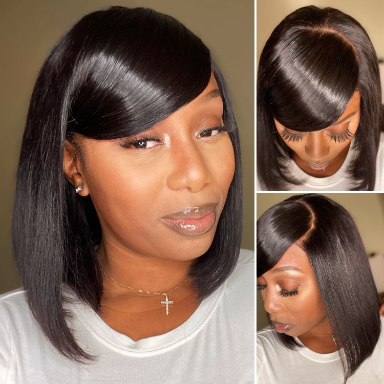 Swoop Bangs Breathable Cap Deep Left C Part Silky Straight Glueless 5x5 Closure Lace Wig