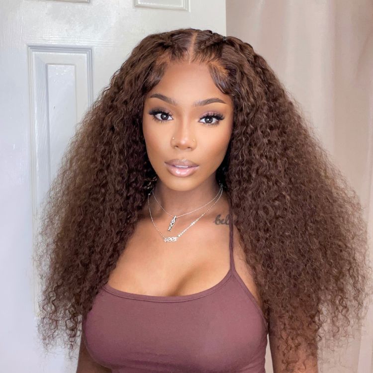Special Deal | Light Chocolate Brown Kinky Curly Glueless 5x5 Closure Long Wig 100% Human Hair