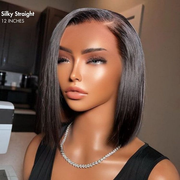 Luvme Ultra Natural glueless minimalist HD lace C part bob wig, 100% human hair, styled with sleek, natural-looking hair and lace cap