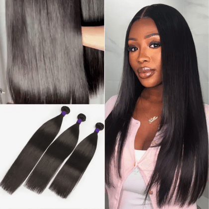 Luvme Hair upgraded Brazilian straight or body wave 100% virgin human hair bundles, shown in a close-up of the hair strands.