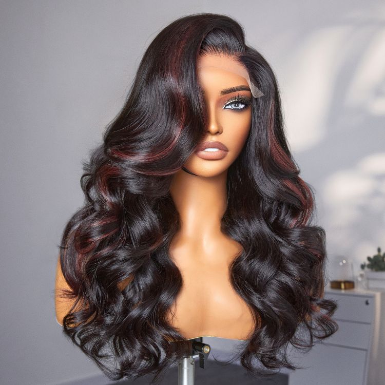 Dark Red Highlights C Part Loose Wave  Glueless 5x5 Closure Lace Wig Ready to Go