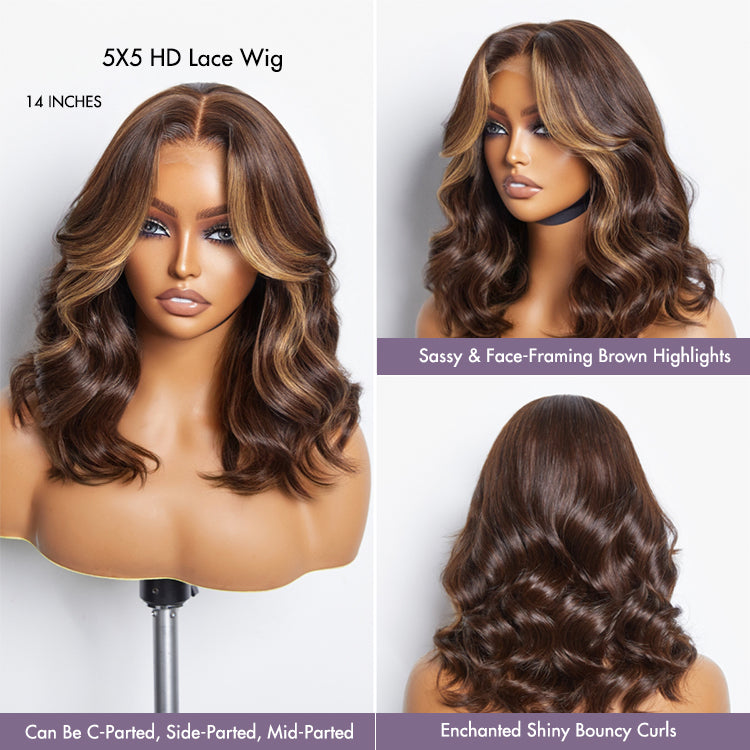 Face-Framing Brown Highlights Loose Wave Glueless 5x5 Closure HD Lace Wig