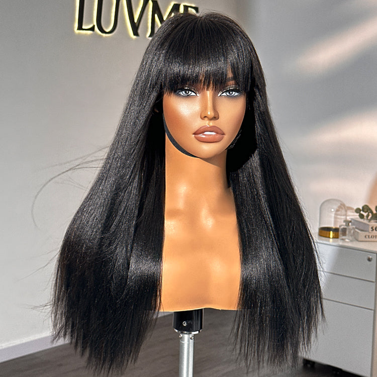 Breathable Cap Yaki Straight Ultra Natural Minimalist Lace Long Wig with Bangs-14