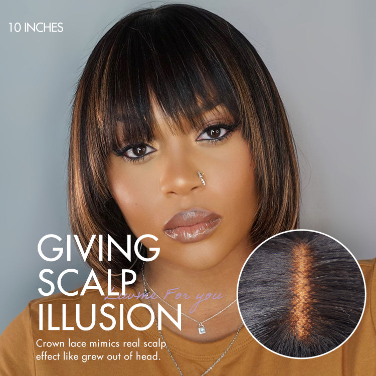 Luvme layered Yaki straight lace bob wig with bangs, brown highlights, natural black color, and minimalist style.