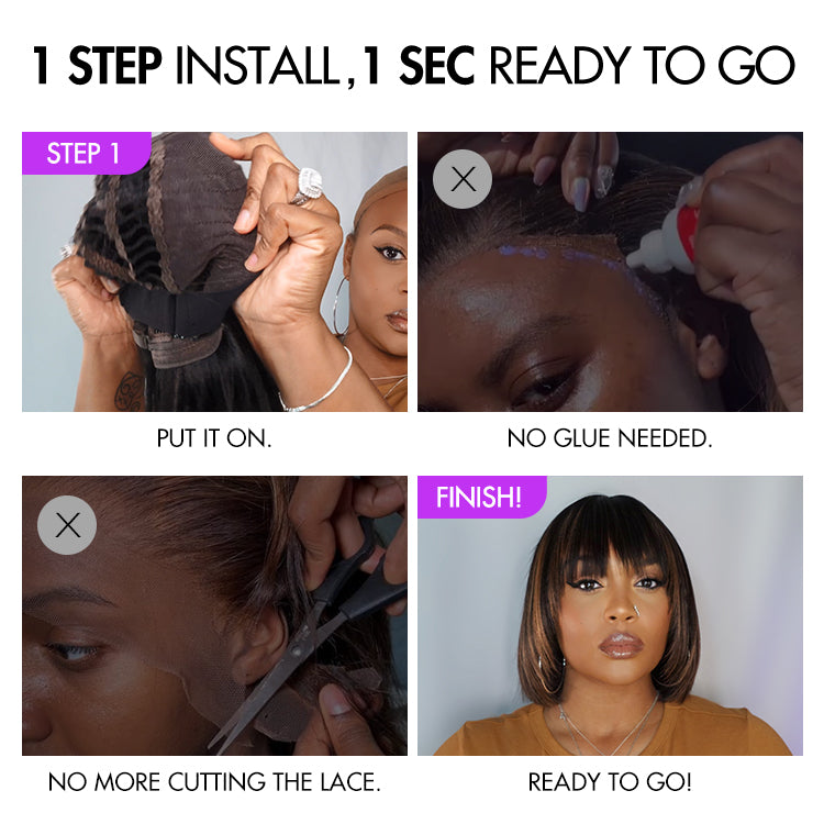 Exclusive Sale | Put On and Go Reddish Purple / Brown Highlight / Natural Black Layered Cut Yaki Straight Minimalist Lace Bob Wig with Bangs-10