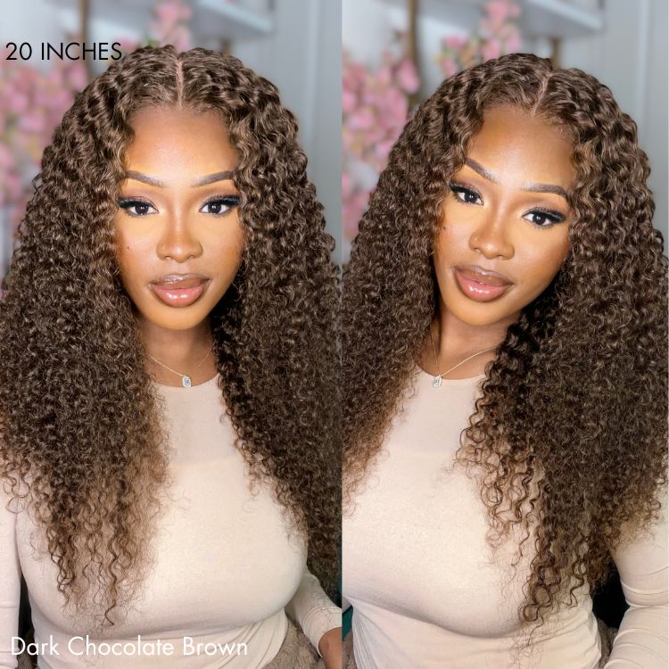 Chocolate Brown Long Curly Glueless 5x5 Closure Long Wig 100% Human Hair - US Only-08
