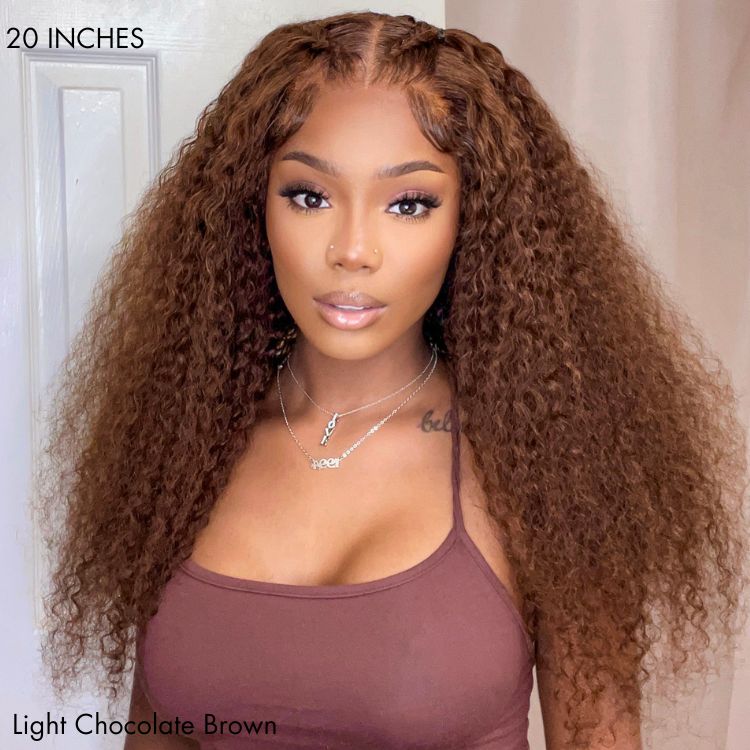 Chocolate Brown Long Curly Glueless 5x5 Closure Long Wig 100% Human Hair - US Only-09