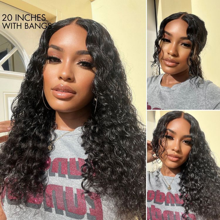 Luvme deep wave 4x4 closure lace glueless long curly human hair wig with mid part, natural hair texture and hairline.