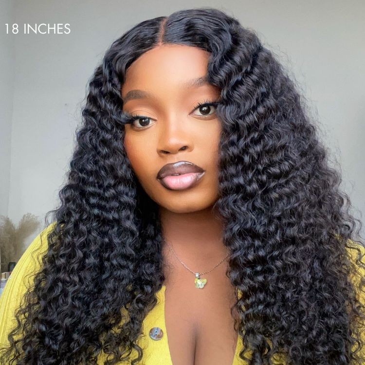 Luvme deep wave 4x4 lace closure wig with long curly 100% human hair, glueless fit, mid-part style, natural texture.