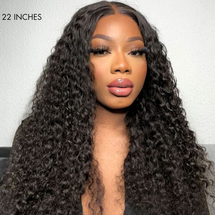 Luvme deep wave 4x4 closure lace glueless long curly human hair wig with mid part, showcasing the textured curls and natural finish.