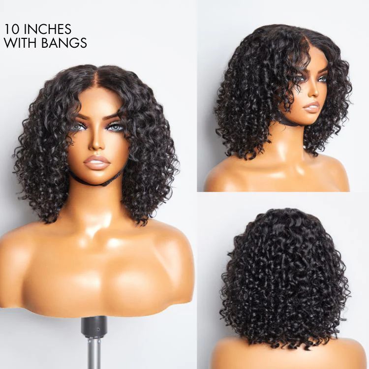 Luvme deep wave 4x4 closure lace glueless long curly human hair wig with mid part, natural texture and full volume.