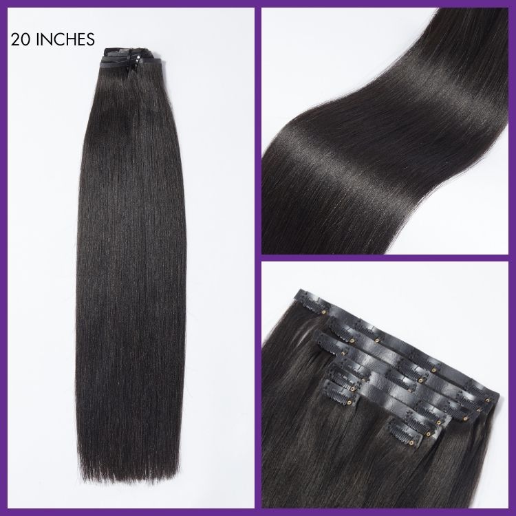 Luvme Hair Ultra Natural Seamless Yaki Straight clip-in extensions with 135g, 9 pieces, real human hair, and free gift.