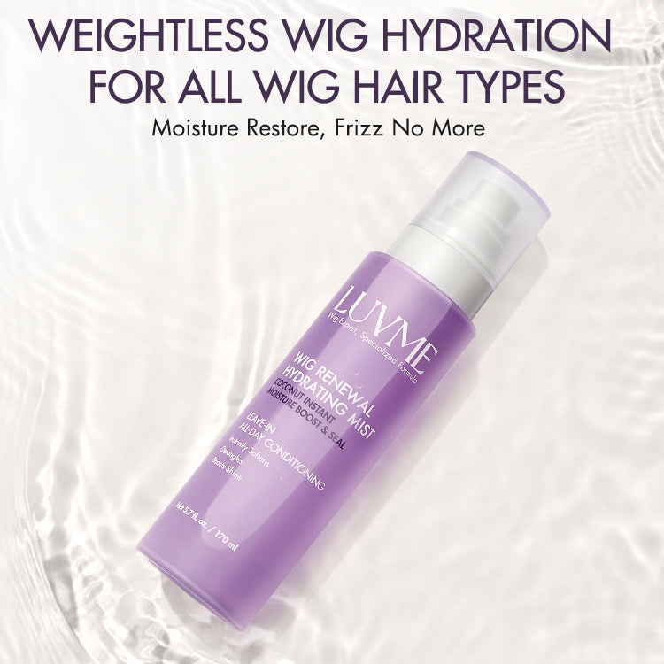 Luvme Hair Wig Renewal Hydrating Mist spray for all-day moisture and leave-in conditioning on a wig, adding shine and softness.