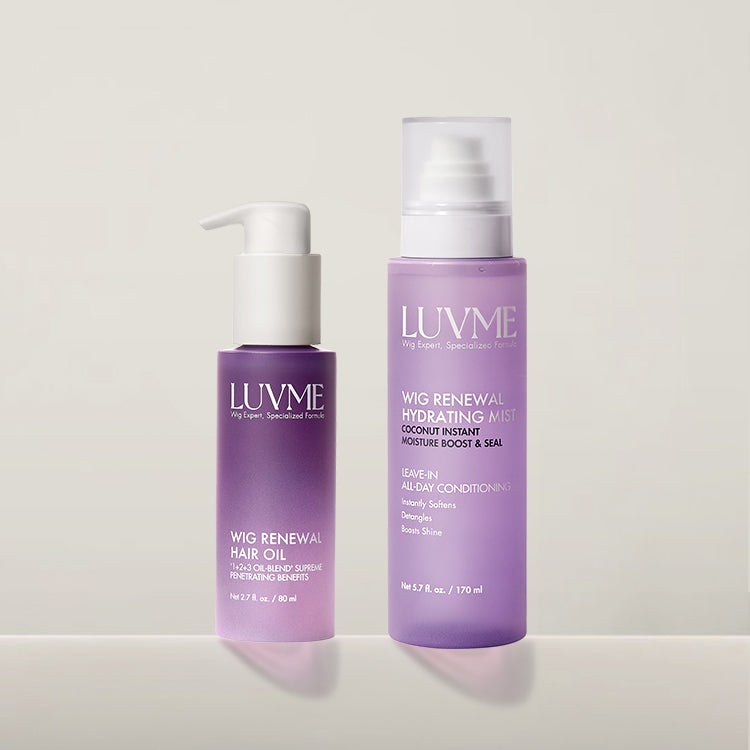 Luvme Hair wig renewal hair oil and hydrating mist bottles for wig care accessories on a white background.