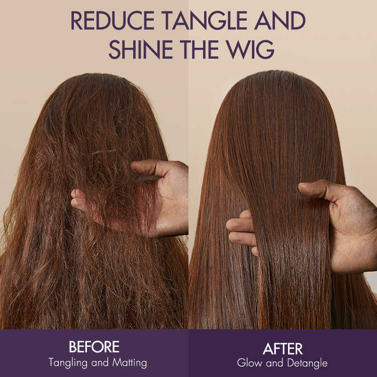 Luvme Hair wig renewal hair oil and hydrating mist for wig care, featuring a spray bottle and hair oil bottle in a styling setup.