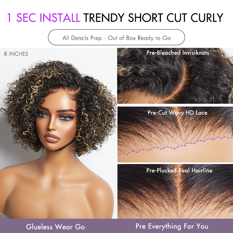 1 SEC INSTALL WIG | Honey Blonde Highlight Kinky Curly Glueless Minimalist HD Lace Classic Short Wig
