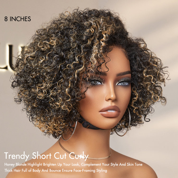 1 SEC INSTALL WIG | Honey Blonde Highlight Kinky Curly Glueless Minimalist HD Lace Classic Short Wig