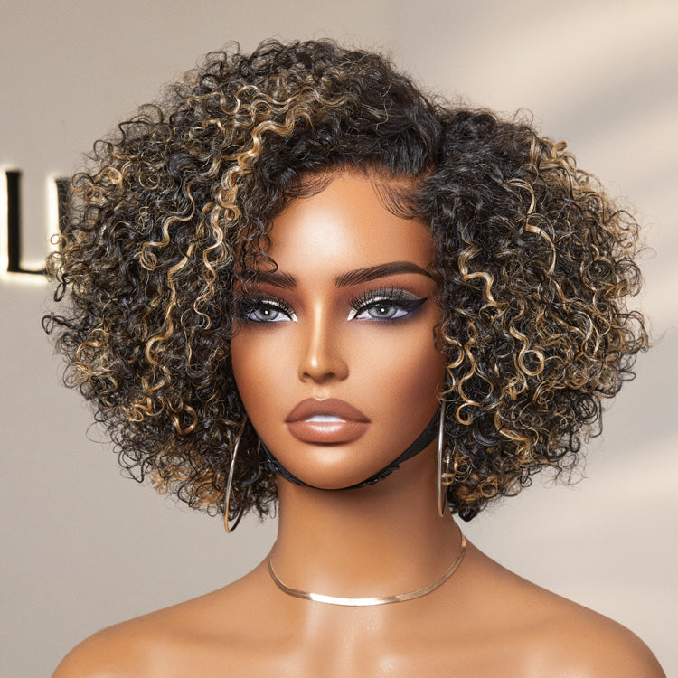 Luvme short cut curly HD lace glueless side part wig made of 100% human hair with pre-cut lace and minimalist style.