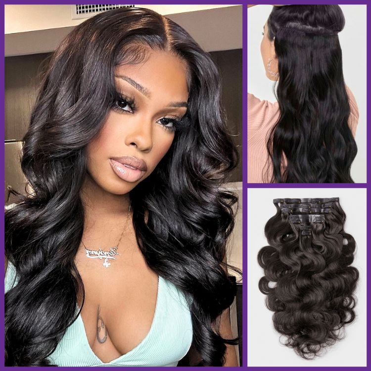 Luvme clip-in hair extensions featuring straight, body wave, kinky curly, yaki straight, and kinky straight styles in natural human hair