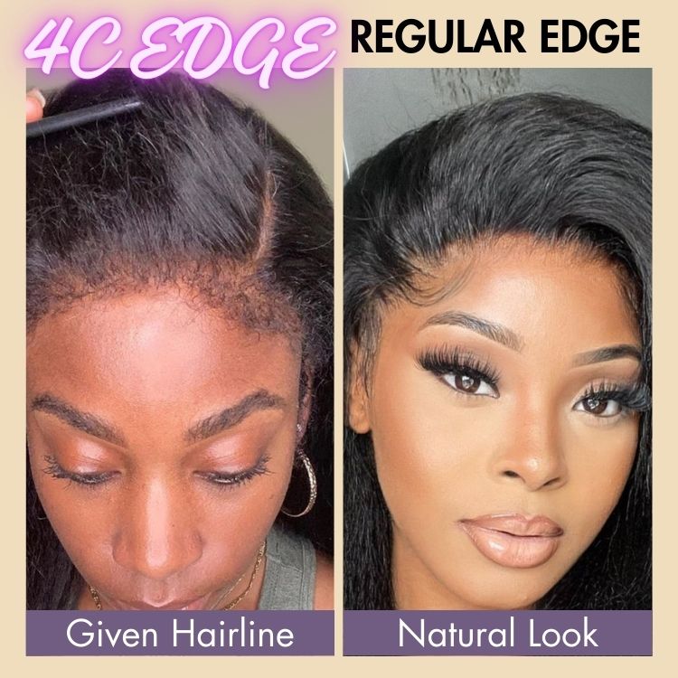 Luvme 13x4 frontal wig with natural yaki straight edges, HD lace, glueless design, free parting, and 4C textured hair.