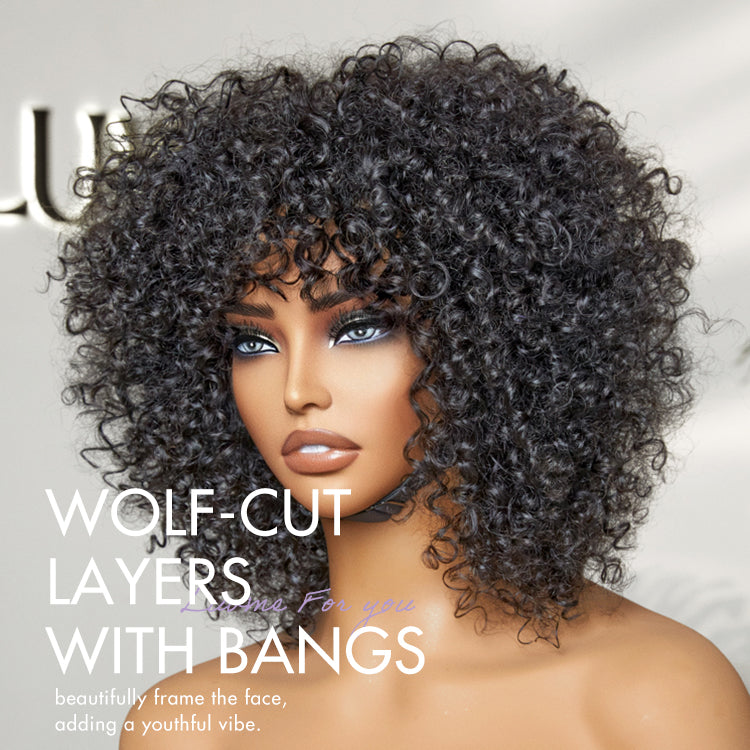 1 SEC INSTALL WIG | Shaggy Wolf Cut Throw On & Go Afro Curly Glueless Short Curly Wig with Bangs