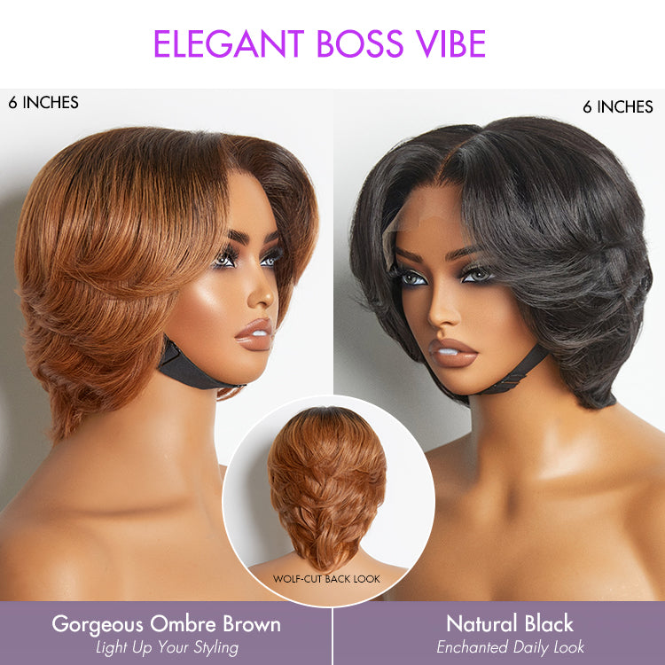 Luvme Hair short pixie cut HD lace wig in natural black and ombre brown, glueless, pre-cut lace, minimalist and fashionable.
