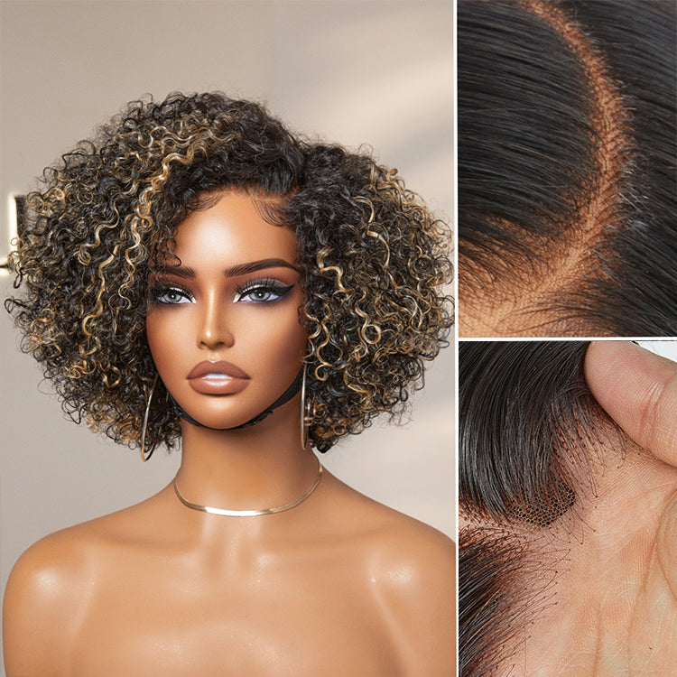 1 SEC INSTALL WIG | Honey Blonde Highlight / Natural Black Kinky Curly Glueless Minimalist HD Lace Classic Short Wig