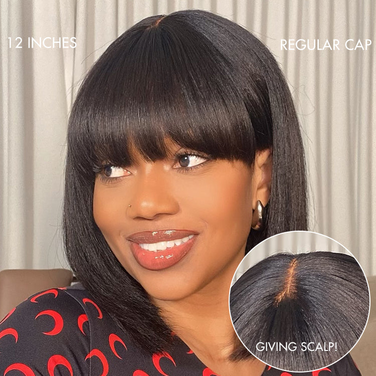 Luvme layered Yaki straight lace bob wig with bangs in brown highlights and natural black, styled in a put-on-and-go minimalist look.