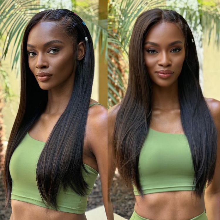 PreMax Wigs | 200% Density Natural Black Left Side Braids Straight 13x4 Frontal HD Lace Long Wig  - US Only-03