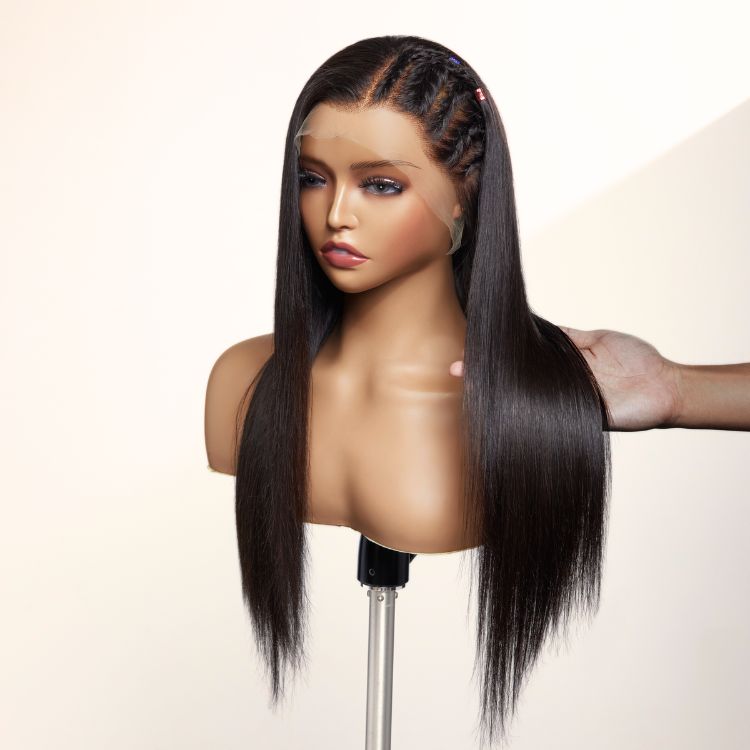 PreMax Wigs | 200% Density Natural Black Left Side Braids Straight 13x4 Frontal HD Lace Long Wig