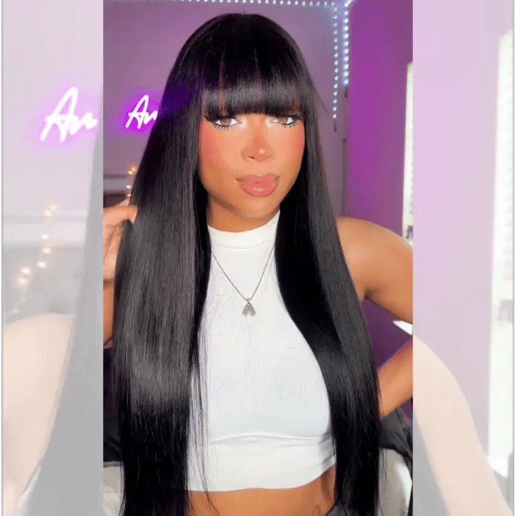 Yaki straight wig with bangs for graduation cap styling