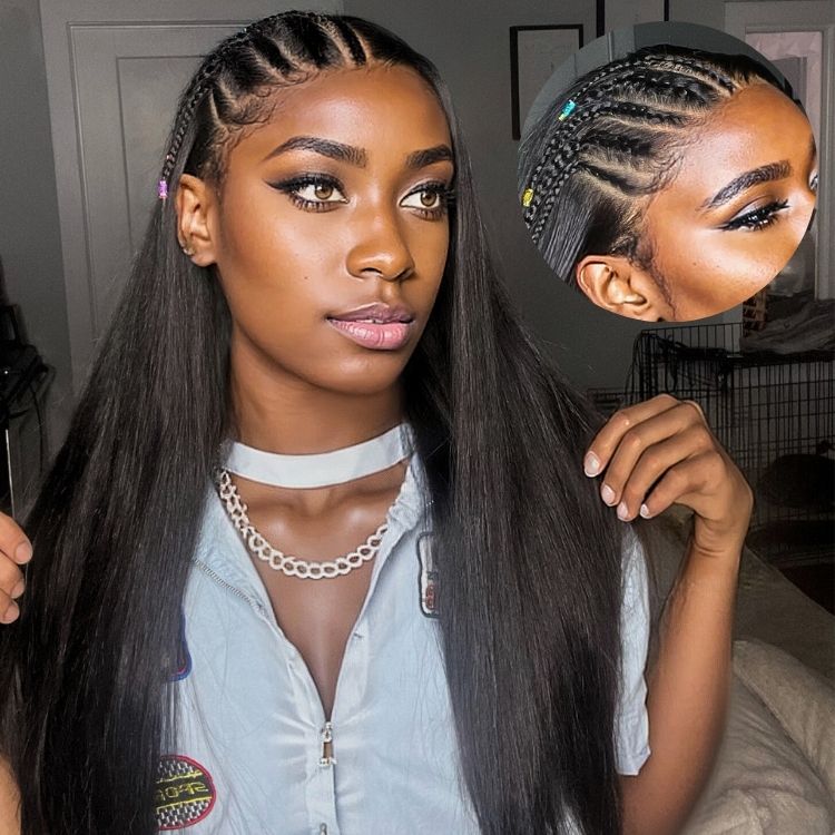 Natural Black Left Side Braids Straight Wig