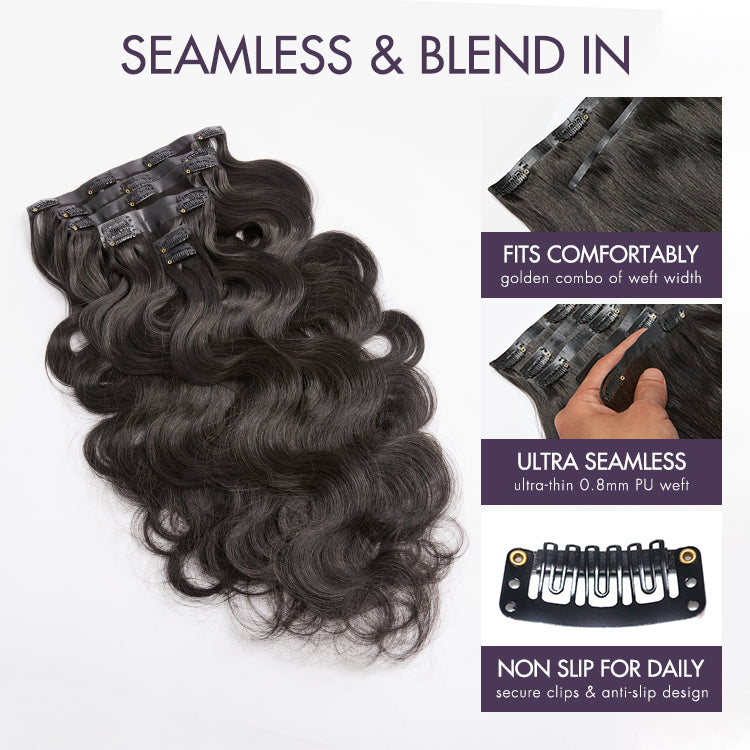 Straight clip-in hair extensions length and blend example