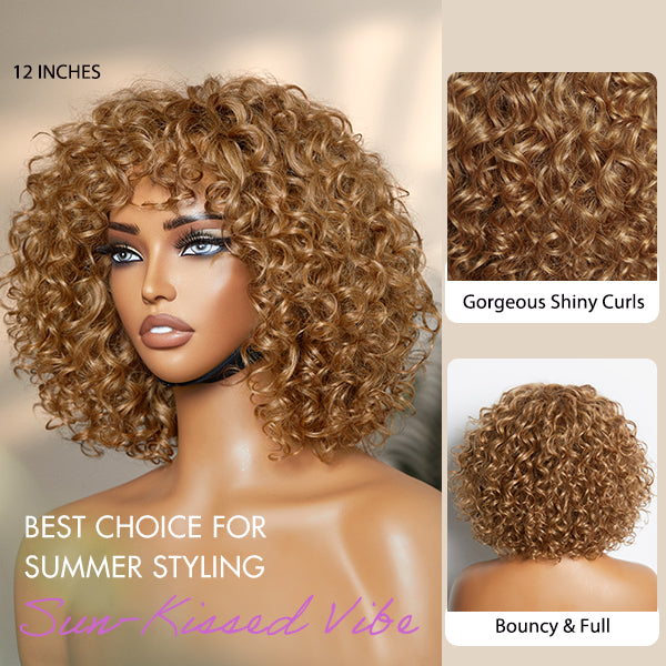 Lightweight Sun-kissed Vibe Golden Blonde Short Cut Water Wave Glueless Minimalist Lace Wig with Bangs