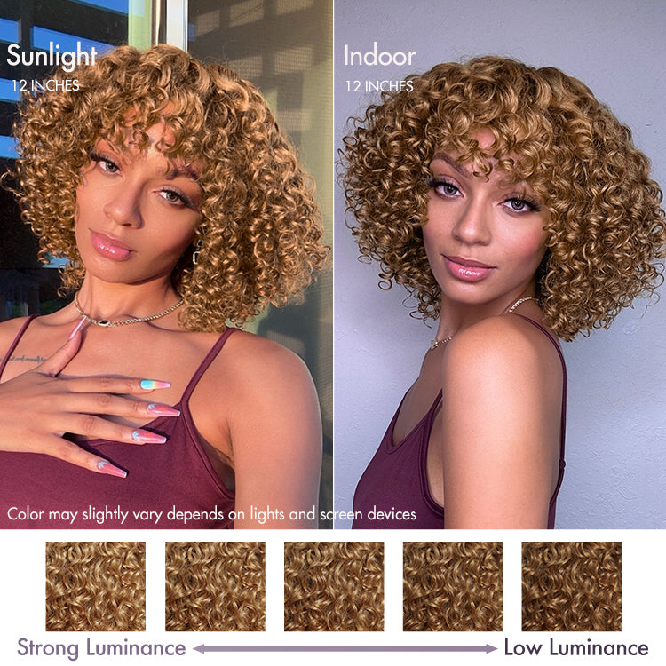 Lightweight Sun-kissed Vibe Golden Blonde Short Cut Water Wave Glueless Minimalist Lace Wig with Bangs