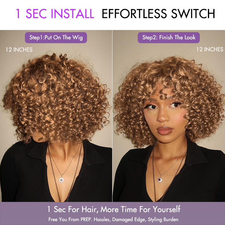 Lightweight Sun-kissed Vibe Blonde Short Cut Water Wave Glueless Minimalist Lace Curly Wig with Bangs-04
