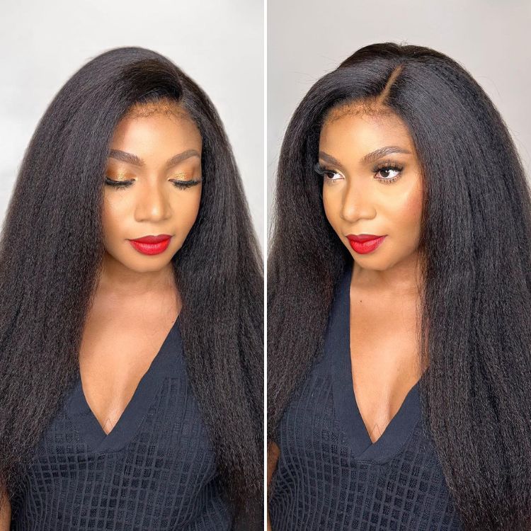 Luvme 5x5 closure wig with natural black kinky edges, kinky straight 100% human hair, glueless long wig for versatile styling.