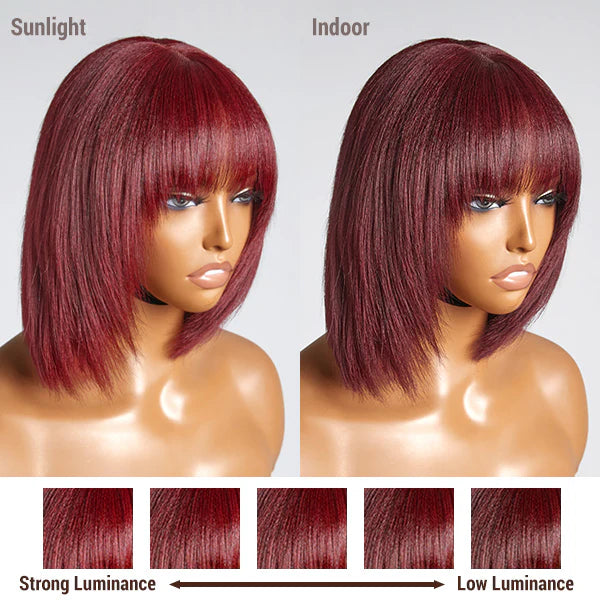 Reddish purple layered Yaki straight lace bob wig with bangs, minimalist style, by Luvme featuring a sleek, natural look
