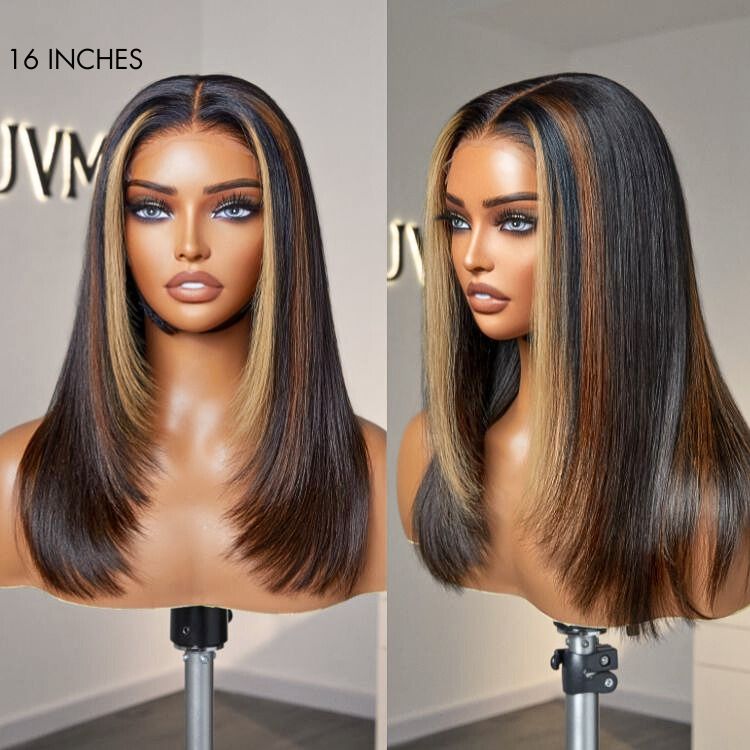 Luxurious Combo Color Highlights Layered Silky Straight Glueless 5x5 Closure Lace Long Wig