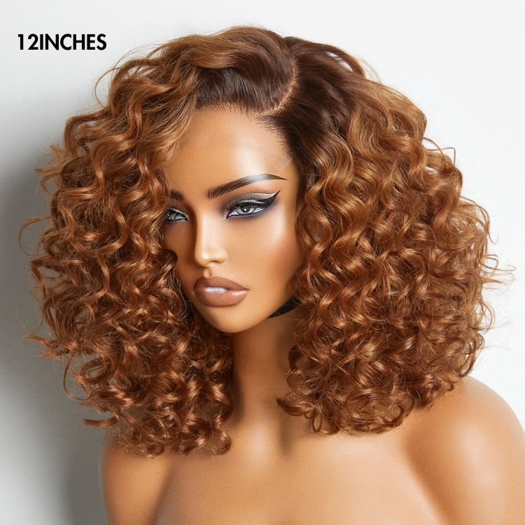 Ginger Ombre Bouncy Curly Glueless Minimalist HD Lace Short Wig 100% Human Hair