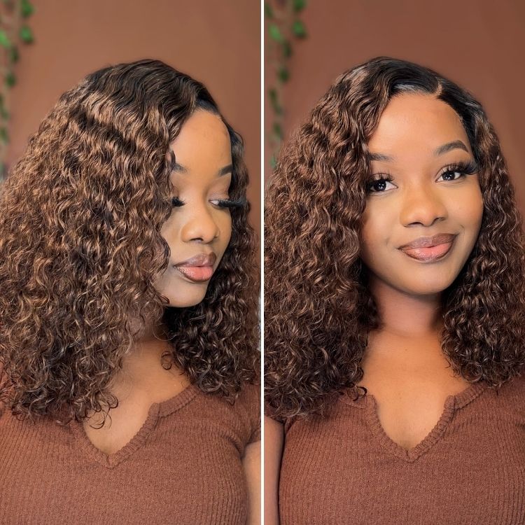 Ombre Brown Funmi Curly 5x5 Closure HD Lace Glueless Side Part Short Wig 100% Human Hair