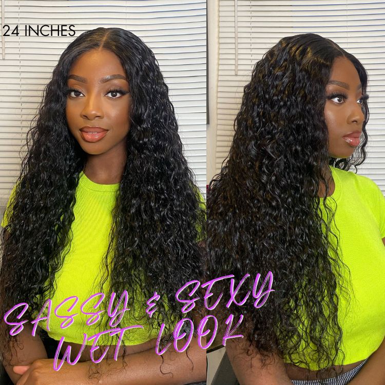 Luvme 5x5 Closure Wig with HD lace, wet and wavy style, breathable cap, 180% density, glueless for natural look.