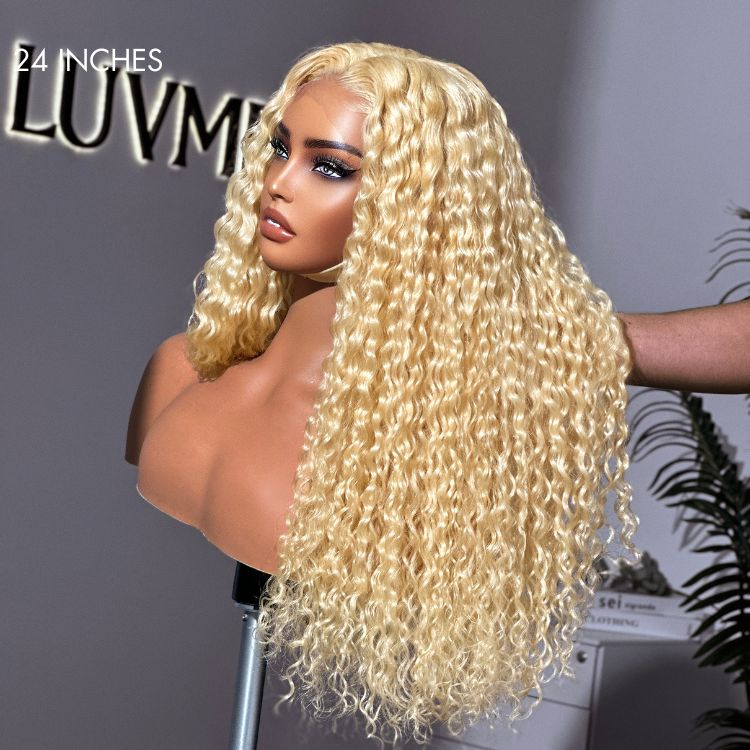 Golden blonde 613 water wave 5x5 closure wig with curly long human hair, featuring invisible HD lace from Luvme Hair.