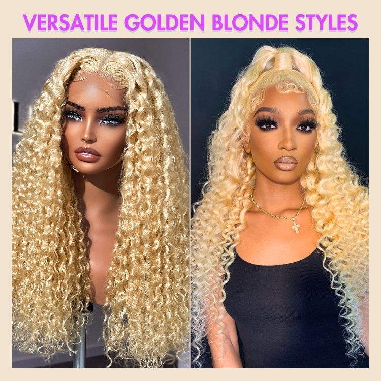 Golden blonde 613 water wave glueless 5x5 closure wig with invisible HD lace, long curly human hair from Luvme Hair