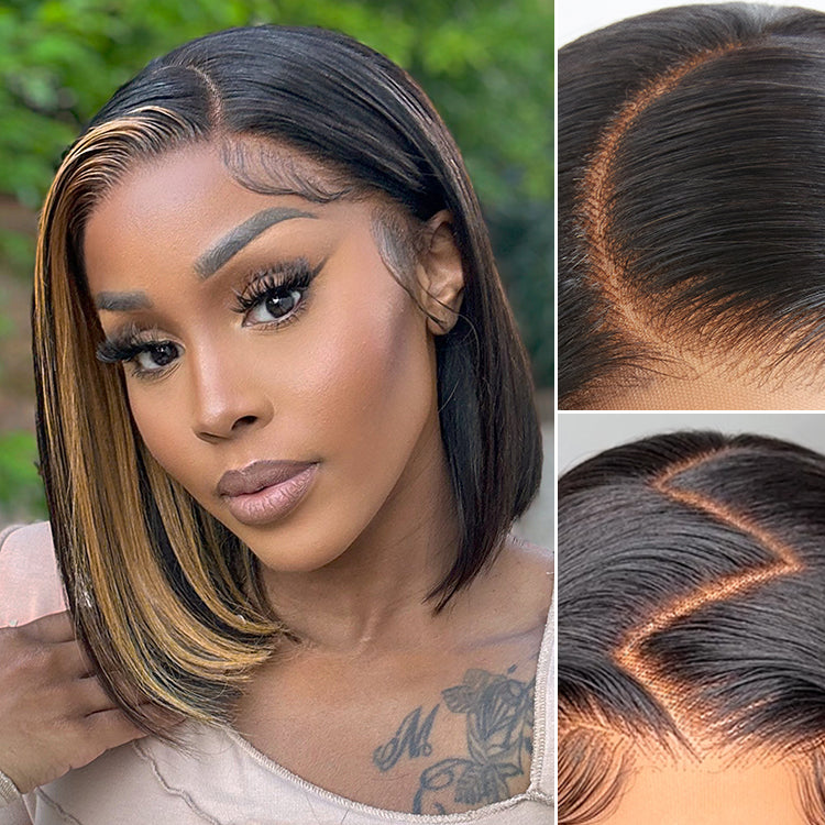 PreMax Wigs | Super Natural Hairline Blonde Highlight Blunt Bob Glueless 13x4 Frontal Lace Short Wig Pre-cut - US Only-01